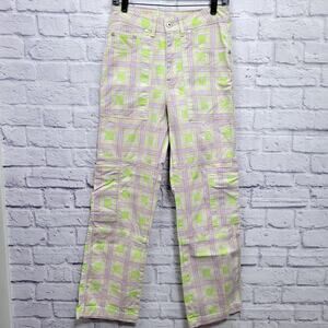 Ragged Priest High Rise Plaid Cargo Jeans Size 28 Chartreuse Lavender Straight